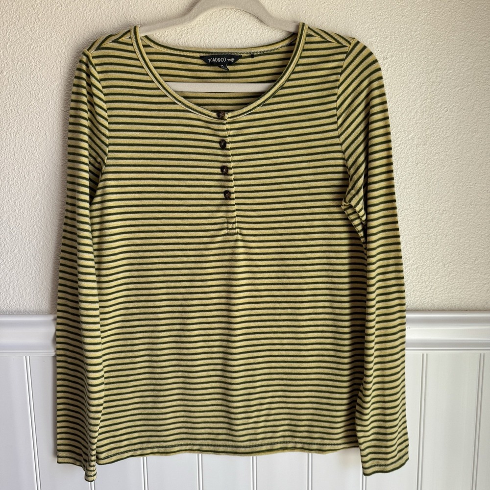 Toad&Co T-Shirt Womens M Yellow Piru Henley Long Sleeve Striped Jersey Stretch